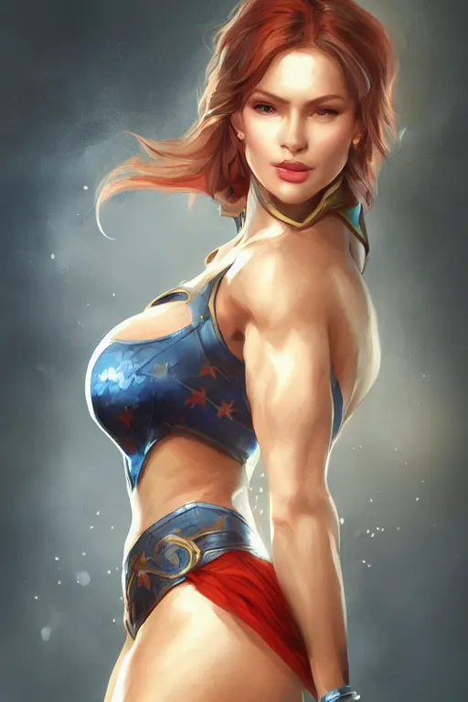 Image similar to three quarters portrait pose of a beautiful woman, strong body,super heroine costume,super powers, fantasy, intricate, elegant, highly detailed, digital painting, artstation, concept art,shining, sharp focus, illustration, art by Stanley Lau