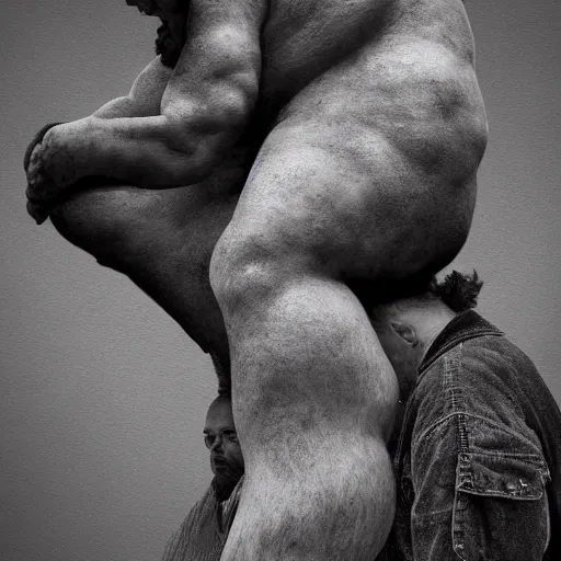 Image similar to a little person rides on the shoulder's of a huge 7 ft tall 5 0 0 pound man. hyperreal - h 6 4 0