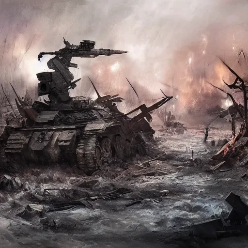 Image similar to an epic painting of the last days of war between Europe and Russia, year 2055, post nuclear war, post-apocalyptic, dramatic, dark, scary, , intricate, elegant, digital painting, concept art, smooth, sharp focus, illustration,