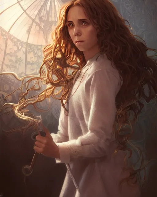 Image similar to ultra realistic illustration, hermione granger from the chamber of secrets, intricate, elegant, highly detailed, digital painting, artstation, concept art, smooth, sharp focus, illustration, art by artgerm and greg rutkowski and alphonse mucha