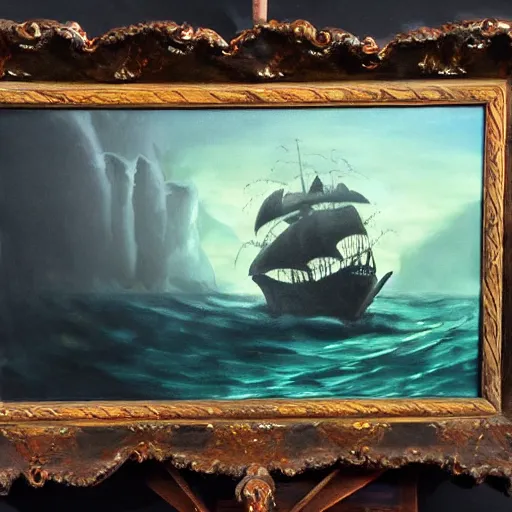 Prompt: sea monster, pulling a galleon into the depths of a dark ocean, oil painting, from far away