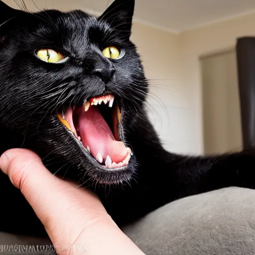 Prompt: A realistic photo of a mischeivous black cat biting his two sharp fangs into a mans slightly hairy middle aged arm in the living room funny picture.