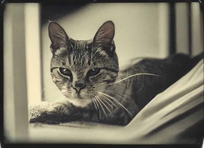 Image similar to photography polaroid of a Jack Cat . watching outside the window. on a bed. in a 70's room full of vinyls and posters, photorealistic, award winning photo, 100mm, sharp, high res