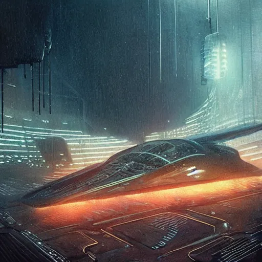 Prompt: scene from bladerunner 2 0 4 9 movie, hr giger artlilery spaceship lands in an alien landscape, filigree ornaments, volumetric lights, syd mead, ian mcque