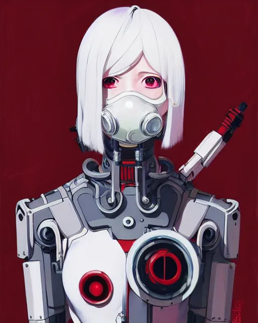 Image similar to white haired cyborg girl wearing a gas mask and red dress | | audrey plaza, warframe armor, fine detail!! anime!! realistic shaded lighting!! poster by ilya kuvshinov katsuhiro otomo ghost - in - the - shell, magali villeneuve, artgerm, jeremy lipkin and michael garmash and rob rey