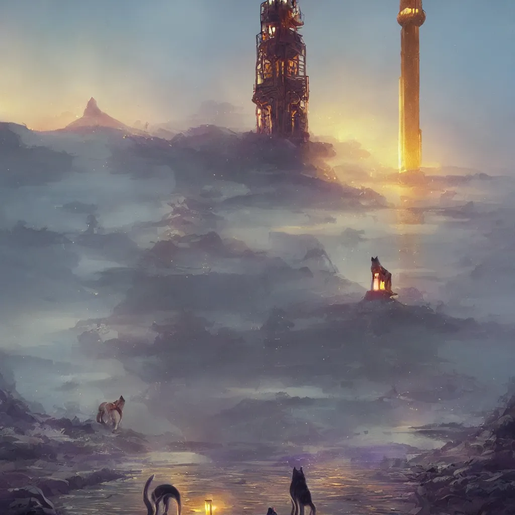 Image similar to lake filed with molten gold, volume lighting, cat on for ground and purple tower on back ground concept art, by greg rutkowski