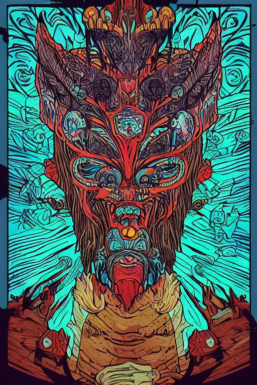 Image similar to animal mask totem roots flower tribal feather gemstone plant wood rock shaman vodoo video game vector cutout illustration vivid multicolor borderlands comics by josan gonzales and dan mumford radiating a glowing aura