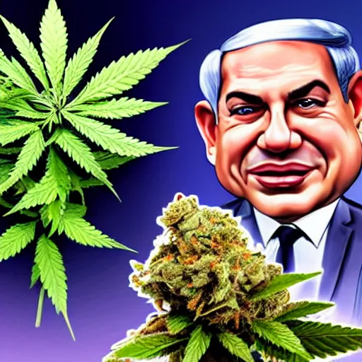 Image similar to a caricature of Benjamin Netanyahu holding a giant marijuana plant, detailed face, digital art, highly detailed