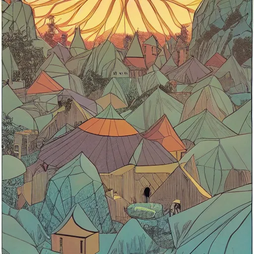 Prompt: polygon, ligne claire art of a sparse village intertwined with nature, by Moebius, bright colors, Eisner award-winning spread