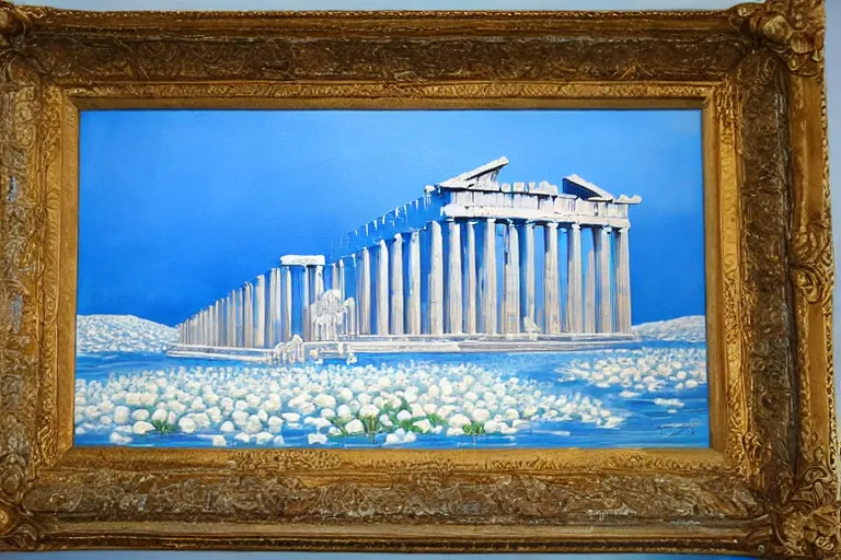 Prompt: a beautiful painting of there is a mysterious parthenon on the blue sea, full of holy white flowers
