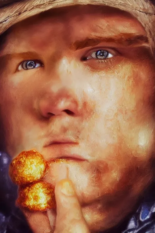 Image similar to channing tatum in a tater tot costume, oil on canvas, intricate, portrait, 8 k highly professionally detailed, hdr, cgsociety