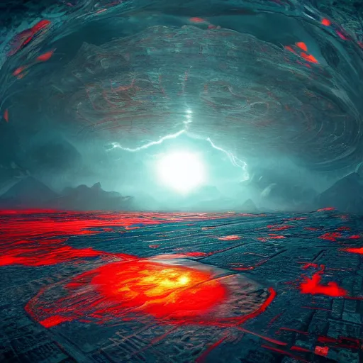 Image similar to dark matter red infernal world future landscape ocean and sun limbo hyper 4D reflection in the horror them open street schizophrenia and stratification of consciousness mind mad spirit man highly detailed full HD 8K resolution