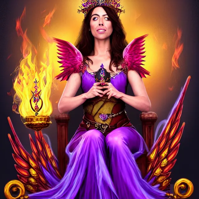 Image similar to Princess sorceress with red flaming bird wings on her back and sitting on an ornate throne dressed in a fancy purple dress, beautiful realistic face similar to aubrey plaza, Fantasy, Full Portrait, High detail, realistic, planeswalker