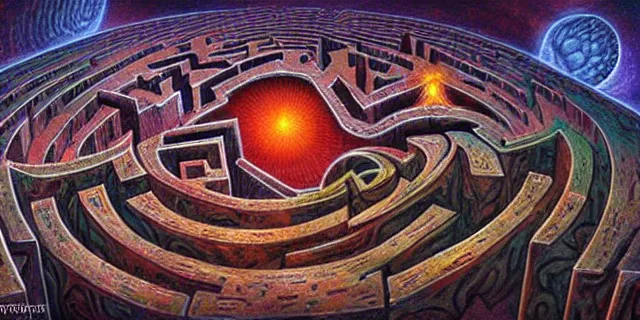 Prompt: maze labyrinth nebulapunk by dan seagrave with hidden alien creatures by ken barthelmey