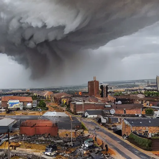 Prompt: photo of a tornado tearing through a steampunk city