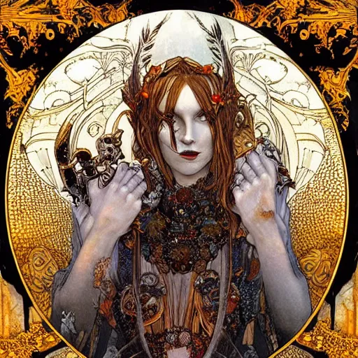 Image similar to Highly detailed ,intricate stunningly beautiful dark human ghost god broken amber in Mucha style with a skull curved ancient runs