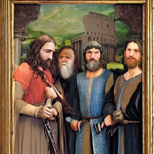 Prompt: legolas and aragorn and gimli, portrait, renaissance painting, rome, classical artwork, david