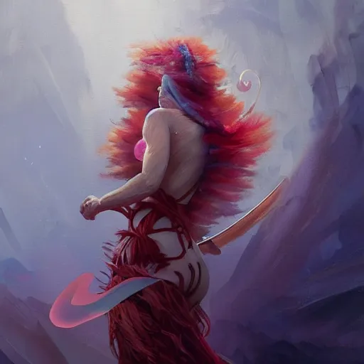 Image similar to a painting of a woman who made of curly white and transparent feathers with red edges is holding a sword, a digital painting by peter mohrbacher, trending on artstation, metaphysical painting, speedpainting, made of feathers, digital painting, holographic undertones, highly saturated colors, 4 k, digital art, concept art, trending on artstation