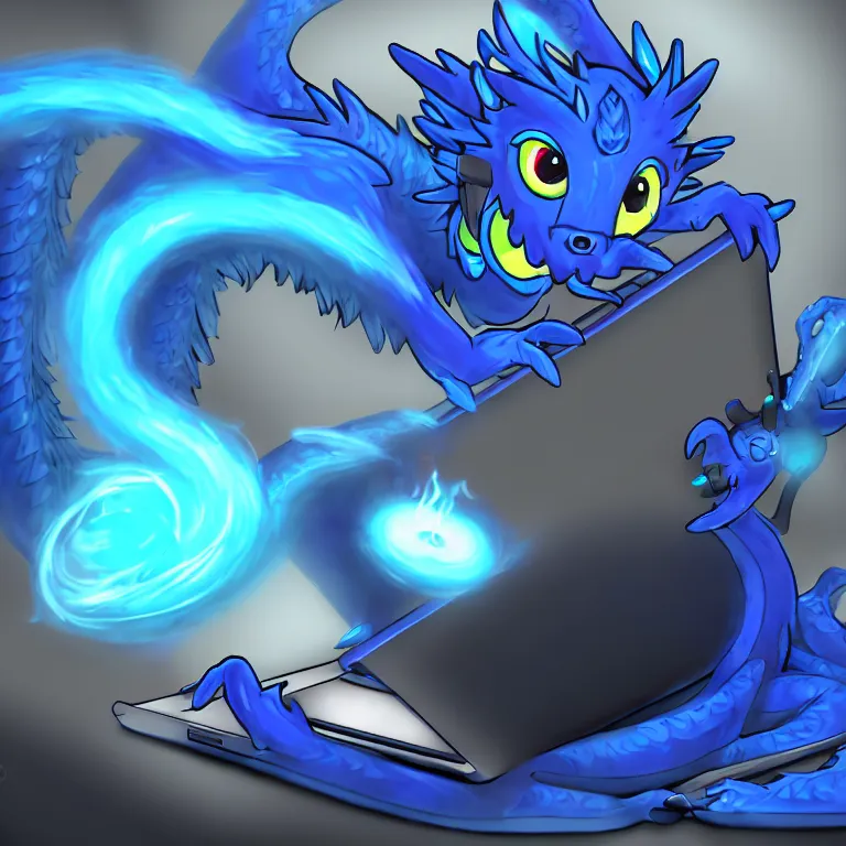 Prompt: an anthropomorphic male blue dragon making music on his laptops wearing headphones, deviantart, furry art, highly detailed, 8k