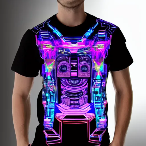 Image similar to mockup of a black tshirt with a hyperdetailed portrait of a cyberpunk robot by hajime sorayama, 8 k, symetrical, flourescent colors, happy trippy mood, multicolored,