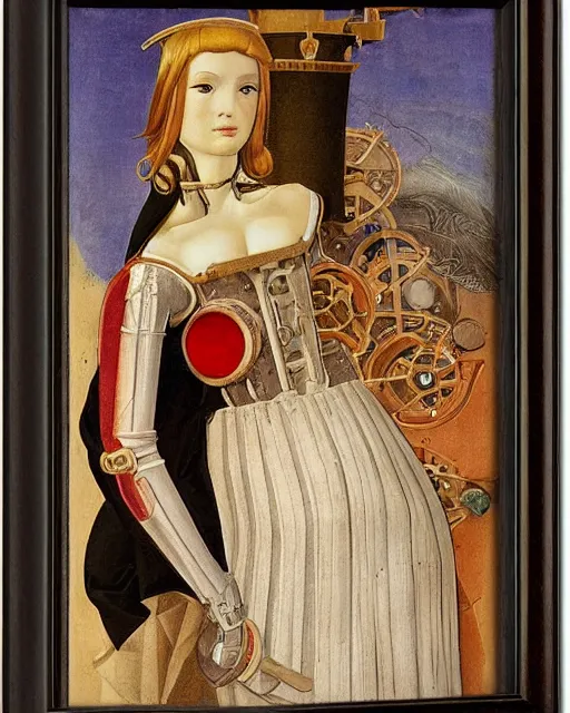 Image similar to portrait of steampunk female android, by fra angelico and sandro botticelli