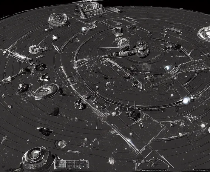 Image similar to a space junkyard forming a tilted disk in black starless space, a graveyard of space stations and giant space structures, dark sci - fi game map with solid black background