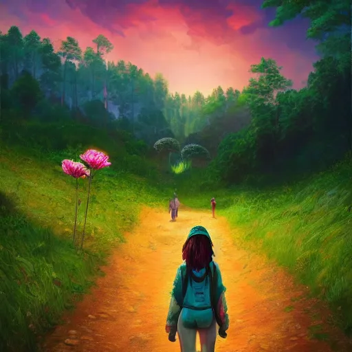 Image similar to giant carnation flower as a head, girl hiking in a lush valley, surreal photography, sunrise, dramatic light, impressionist painting, colorful clouds, digital painting, artstation, simon stalenhag