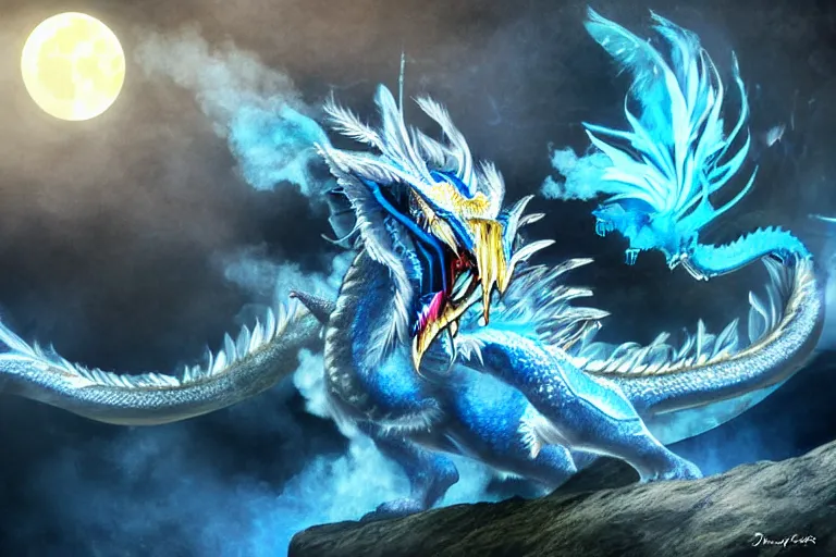 Prompt: an roaring blue and white dragon with colorful feather, digital art, moonlight, blue mist, blue smoke, close shot,