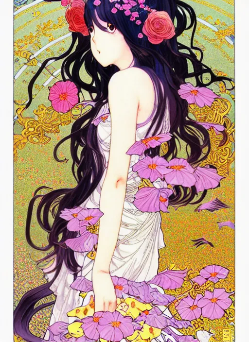 Prompt: exquisite imaginative manga poster of a girl, long wavy hair, flowers, rococo dress, pigeons, shimmering, by kojima ayami, shigenori soejima, minaba hideo, alphonse mucha, jump comics, shogakukan, art nouveau, illustration, artstation, highly detailed, 8 k, fluorescent, maximalist