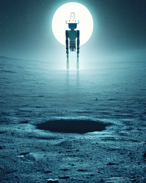 Image similar to a robot standing in front of a glowy open door that's on a barren moon, poster art by mike winkelmann, trending on cg society, space art, sci - fi, ue 5, futuristic, volumetric lighting, light casting onto the ground, neat composition and camera angle