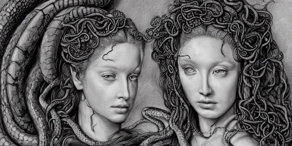 Image similar to realistic portrait of a beautiful medusa with her snake hair, 1450, ink, ultra realistic, 8k