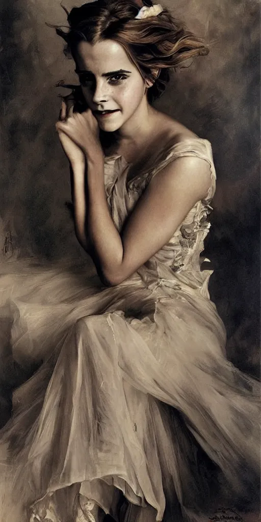 Prompt: emma watson smiling angry laughing crying sad weeping detailed portrait painting by gaston bussiere craig mullins j. c. leyendecker photograph by richard avedon peter lindbergh annie leibovitz