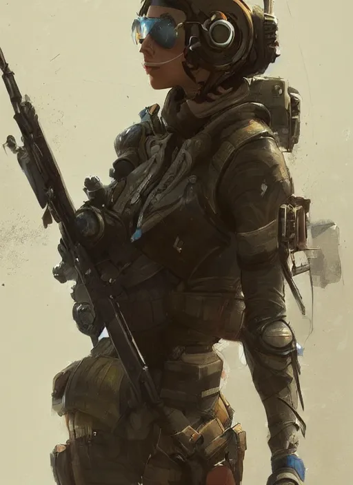 Image similar to of a beautiful sniper girl in war, with futuristic gear and helmet, portrait, in the style of greg rutkowski, artstation, high quality art