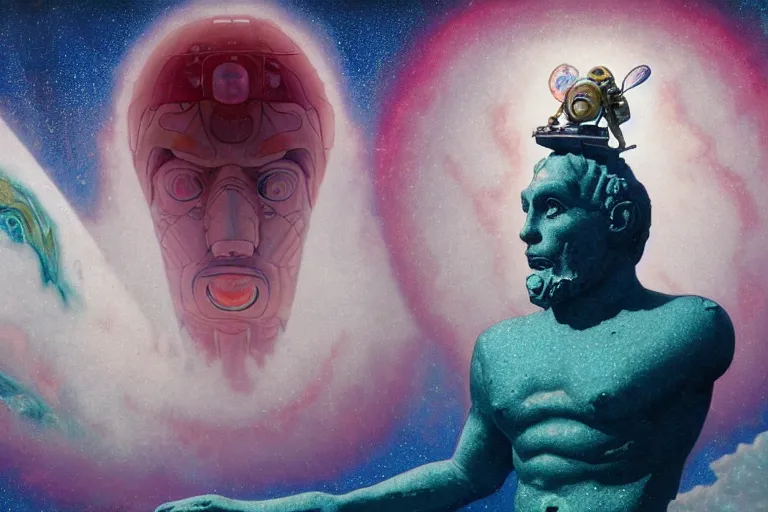 Image similar to the last astronaut looking at the colossus statue on Neptune, style hybrid mix of Jirí Petr+Romi Lerda+ Sandra Pelser,Yves Tanguy+ Alphonse Mucha+ Ernst Haeckel+ Edward Robert Hughes+Stanisław Szukalski , moody colors,diamond dust glitter and sparkles, holographic krypton ion,red eyes,octane render,4k, ighly detailed, hyperrealism, excellent composition, cinematic concept art, dramatic lighting, trending on ArtStation