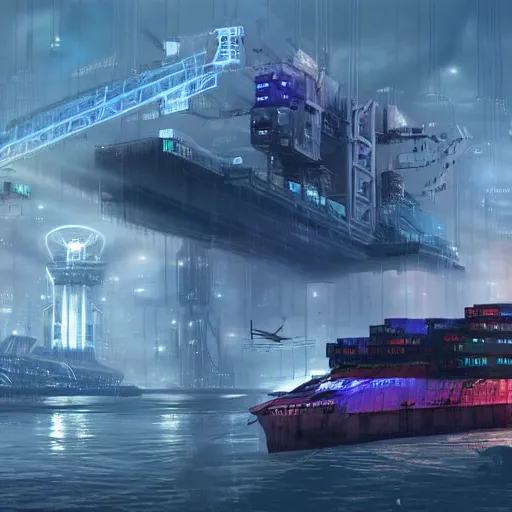 Image similar to Immense industrial futuristic cargo ship arrives at cyber punk city sea port, cinematic lighting, concept art