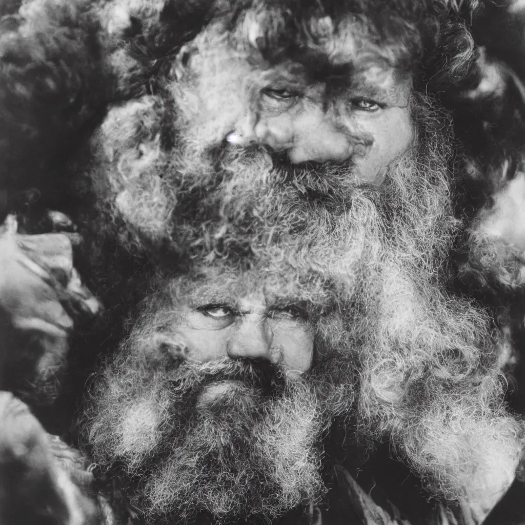 Prompt: An Alec Soth portrait photo of Orson Welles as Falstaff, he is wearing several horse-hair wigs