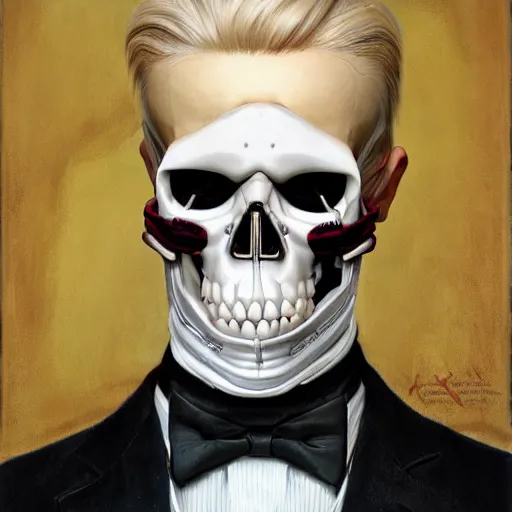 Image similar to frontal portrait of a suited blond with medical gloves and a skull face mask, by Gerald Brom, Kim Kyoung Hwan and Norman Rockwell