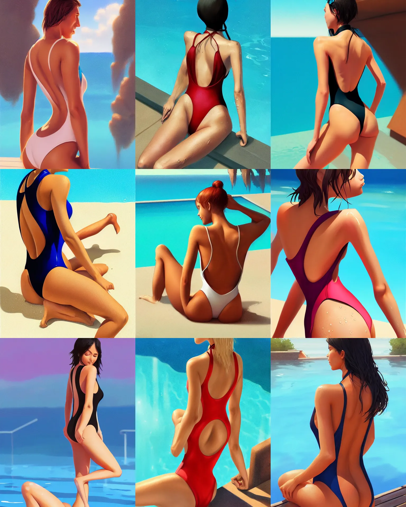 Prompt: attractive girl in the closed one-piece swimsuit monokini sitting at the poolside, hourglass slim figure, medium shot close up, wet swimsuit, view from behind, visible back, details, sharp focus, illustration, by Jordan Grimmer and greg rutkowski, Trending artstation, pixiv, digital Art