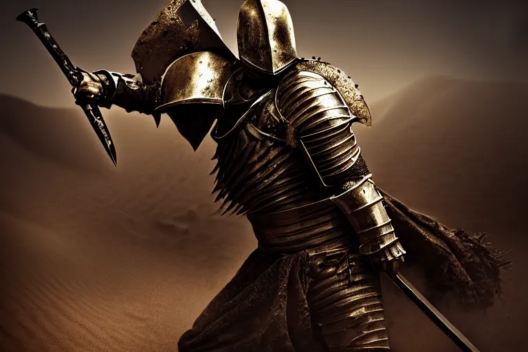Prompt: A Knight fighting in the desert, Charismatic Character, dust and blood in the air, Gold and Silver Armour Suit, black iron sword, close to defeat, Dramatic Scene, Heroic Battle Scene, dark, intricate, cinematic lighting, highly detailed, digital art, trending on Artstation, 8k, photorealistic, dramatic, volumetric lighting, hyper realistic