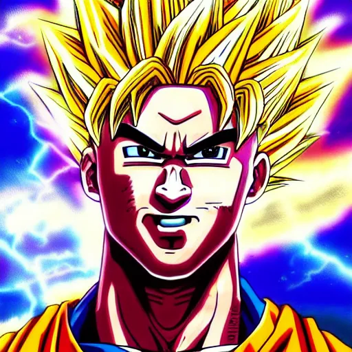 Image similar to ultra realistic portrait painting of kobe bryant as super saiyan goku, art by akira toriyama, 4 k, dragon ball artstyle, cel shaded, highly detailed, epic lighting