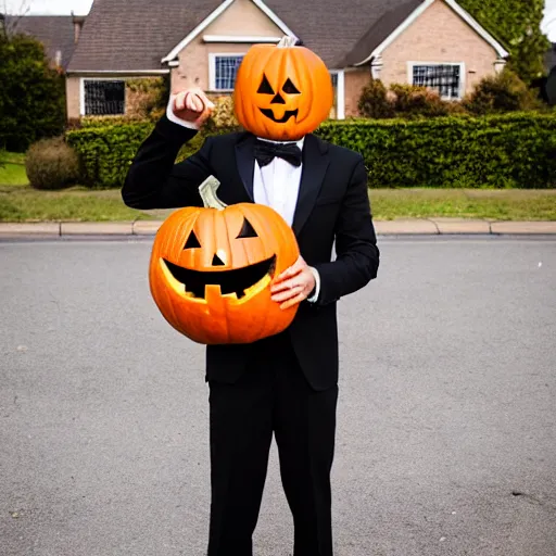 Prompt: man in strict suit with pumpkin mask, Halloween pumpkin, house on background, bloody knife in right hand, blood on body, dead bodies around, full body, extremely detailed, sharp focus, professional photographer, professional model