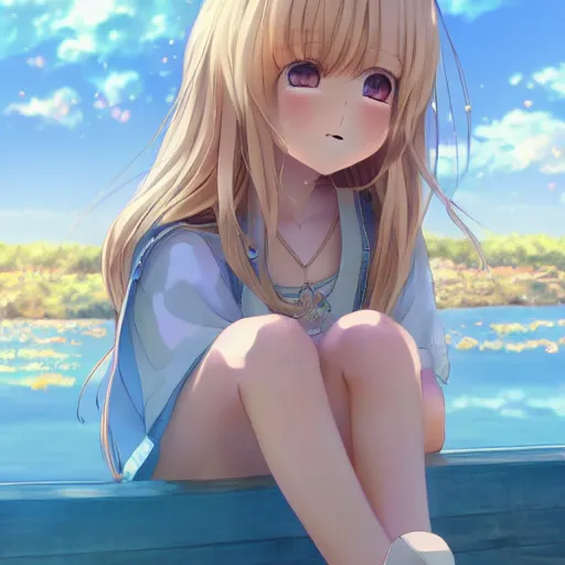 Image similar to a very beautiful anime girl, full body, long golden hair, sky blue eyes, full round face,cute face, short smile, mini jeans skirt, cute top, summer lake setting, cinematic lighting, medium shot, mid-shot, highly detailed, trending on Artstation, Unreal Engine 4k, cinematic wallpaper by Stanley Artgerm Lau, WLOP, Rossdraws, James Jean, Andrei Riabovitchev, Marc Simonetti, and Sakimichan