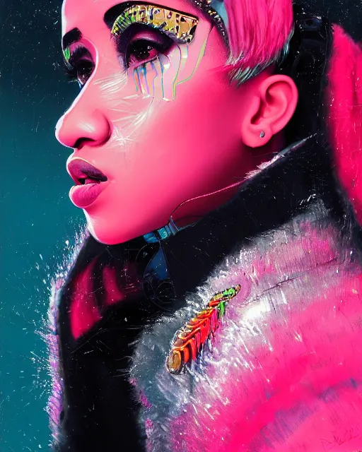 Image similar to detailed side profile portrait Cardi B, cyberpunk futuristic neon, reflective puffy coat, decorated with traditional Japanese ornaments by Ismail inceoglu dragan bibin hans thoma greg rutkowski Alexandros Pyromallis Nekro Rene Maritte Illustrated, Perfect face, fine details, realistic shaded, fine-face, pretty face