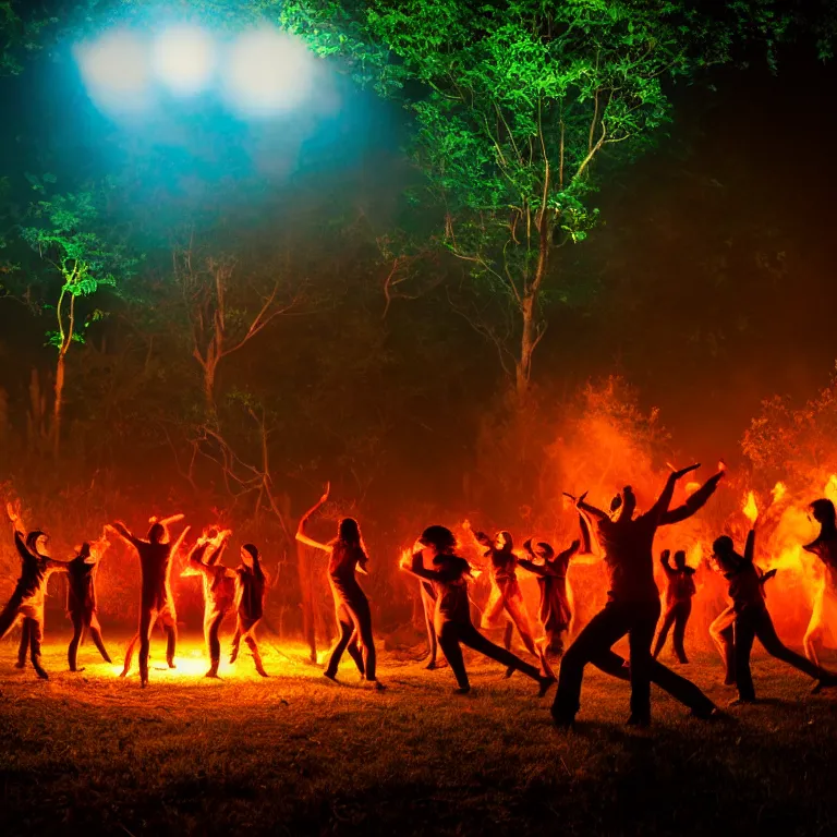 Image similar to real life 1 2 monkeys dancing in circle, bonfire in center, a jungle, cinematic, volumetric lighting, vivid colours, evil shadows, f 8 aperture, cinematic eastman 5 3 8 4 film, photorealistic