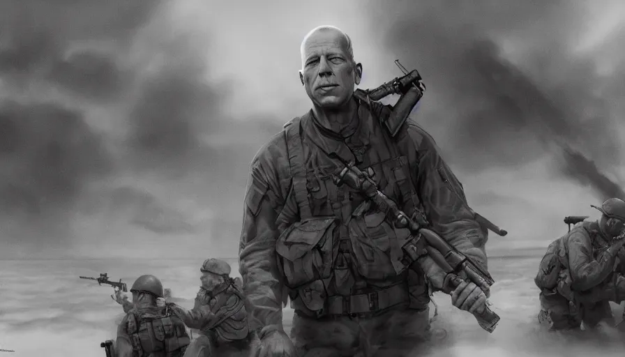 Image similar to black and white 4 0's photos of bruce willis during d - day in omaha beach, hyperdetailed, artstation, cgsociety, 8 k