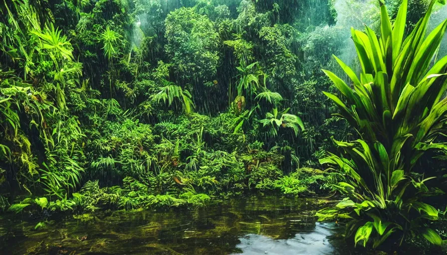 Image similar to a rainy foggy jungle, river with low hanging plants, there is a giant christal in the water, it is glowing, great photography, ambient light