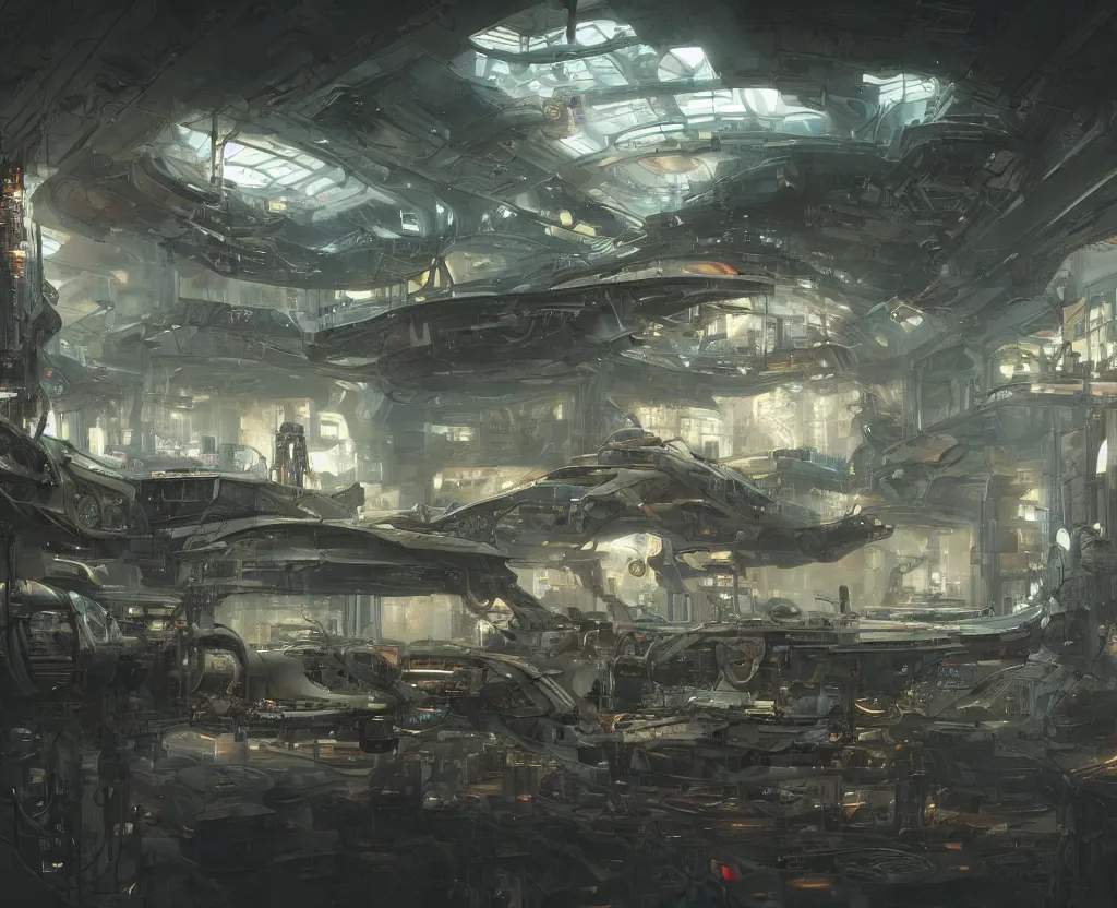 Prompt: the inside of a futuristic mechanic spaceshop, spaceship being repaired, highly detailed interior, holographic screen in center frame by peter mohrbacher and craig mullins, dieselpunk, cyberpunk, firefly, cryengine render, hyper realism, realistic shading, cinematic composition, realistic render, octane render, detailed textures, photorealistic, wide shot, fanciful, colorful