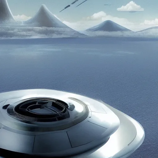 Image similar to spaceship starship battlestar by Alvar Aalto over sea, mountainous island, from interstellar by nolan