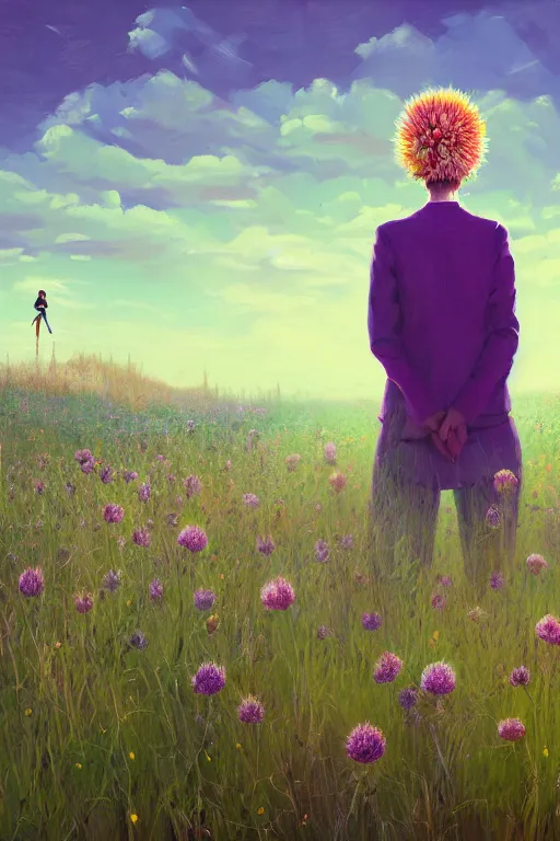 Image similar to portrait, huge thistle flower under head, a girl in a suit in field of flowers, surreal photography, sunrise, blue sky, dramatic light, impressionist painting, digital painting, artstation, simon stalenhag