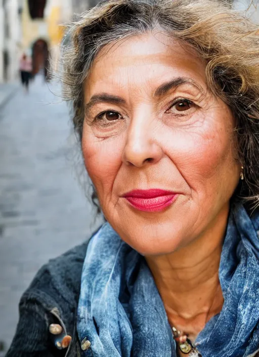 Image similar to portrait of beautiful Spanish 50-year-old well-groomed plump woman model, with lovely look, happy, candid street portrait in the style of Martin Schoeller award winning, Sony a7R